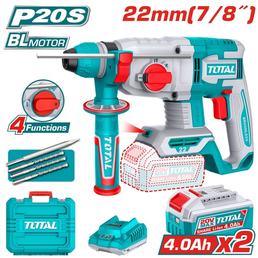 [22554] TALADRO ROTOMARTILLO 7/8"  20V SDS PLUS 2.0 JULES INCLUYE 2 BATERIA 4.0AH,1 CARGADOR Y 4 ACCESORIOS INDUSTRIAL  SUPER TOTAL (UTRHLI212282)