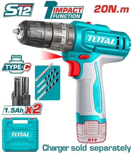 [22560] TALADRO INALAMBRICO PERCUTOR 1/32-3/8" 12V 20NM INCLUYE 2 BATERIAS 1.5 AH SUPER TOTAL  (TIDLI12206)