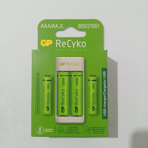 [22461] CARGADOR PILA RECARGABLE GP USB 2 PILAS AA 2100MAH + 2 PILAS AAA 800MAH (GPPBE211210AA/80AAAH)