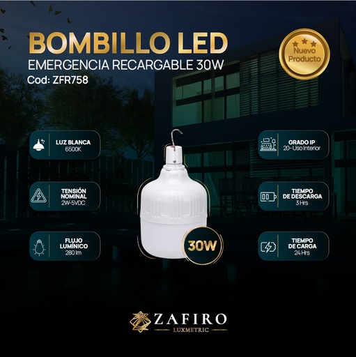 [16821A] BOMBILLO LED 30W RECARGABLE DE EMERGENCIA 6500K (ZFR758)