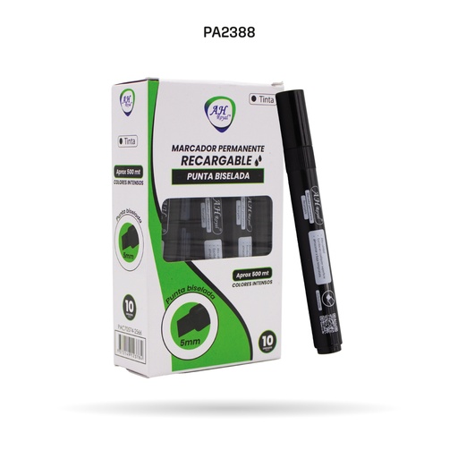 [22648] MARCADOR AH ROYAL PERMANENTE BISELADO RECARGABLE NEGRO PQTE X 10 (PA2388)