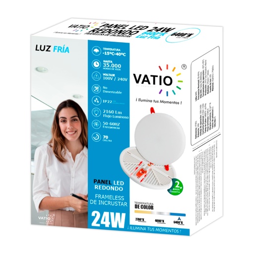 [15184C] PANEL LED 24W REDONDO INCRUSTAR SIN MARCO LUZ DIA 6400K VATIO (24072)