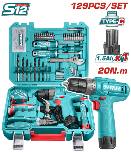 [22971] TALADRO INALAMBRICO 3/8 12V 20NM + BATERIA 1.5AH + KIT DE HERRAMIENTAS 128 PZS SUPER TOTAL (THKTHP11292) 