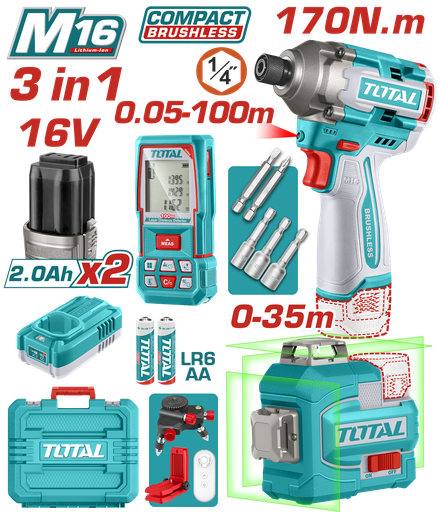 [23261] COMBO INALAMBRICO 16V  ATORNILLADOR DE IMPACTO 1/4 170NM + METRO LASER 100M + NIVEL LASER 35M LUZ VERDE +  BATERIAS 2.0AH Y CARGADOR INCLUYE ACCESORIOS INDUSTRIAL SUPER TOTAL ( UTOSLI250886)