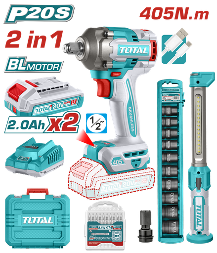 [23192] COMBO INALAMBRICO 20V PISTOLA IMPACTO INALAMBRICO 1/2 405 NM + LAMPARA DE TRABAJO 300 LUMENES RECARGABLE + 10 COPAS 1/2 (10-24MM)+ ADAPTADOR DE 1/2 A 1/4 + 2  BATERIA 2.0 AH + ACCESORIOS  Y  SUPER TOTAL (UTOSLI23056)