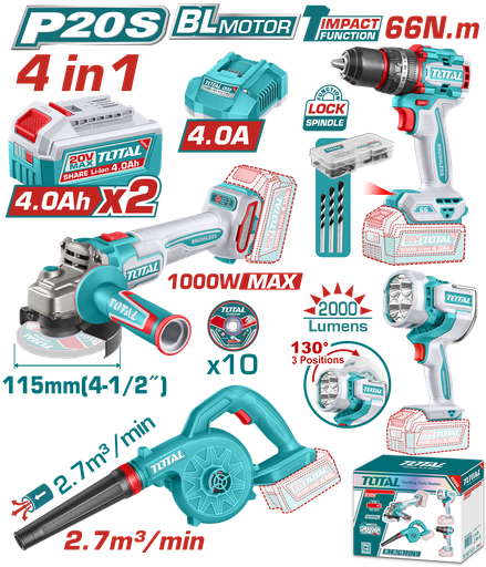 [23213] COMBO INALAMBRICO 20V TALADRO PERCUTOR ATORNILLADOR 1/2  66NM + SOPLADORA + PULIDORA  4 1/2 INDUSTRIAL 20V 1000W + LAMPARA DE TRABAJO 2000 LUMENES + 2 BATERIAS 4.0AH + CARGADOR INCLUYE ACCESORIOS INDUSTRIAL SUPER TOTAL (UTOSLI250993)