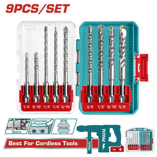 [23257] JUEGO DE BROCAS X 9 PZS PARA MURO,  CON VASTAGO EXAGONAL SDS PLUS  INDUSTRIAL SUPER TOTAL (UTACSDL30906)
