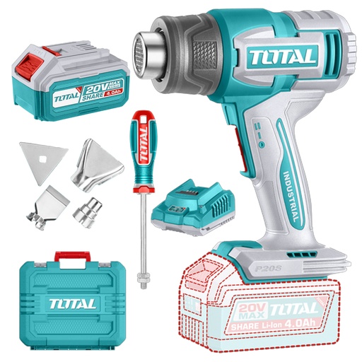 [23048] PISTOLA CALOR INALAMBRICA  20V CON TEMPERATURA AJUSTABLE  INCLUYE 4 BOQUILLAS 1 BATERIA 4.0AH Y 1 CARGADOR INDUSTRIAL SUPER TOTAL (UTBLI20065)