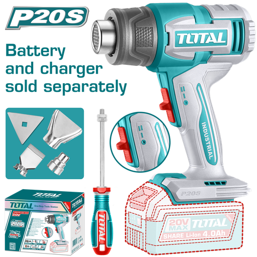 [23115] PISTOLA CALOR INALAMBRICA  20V CON TEMPERATURA AJUSTABLE  INCLUYE 4 BOQUILLAS 1 RASCADOR BATERIA Y CARGADOR NO INCLUIDO  INDUSTRIAL SUPER TOTAL (TBLI2006)