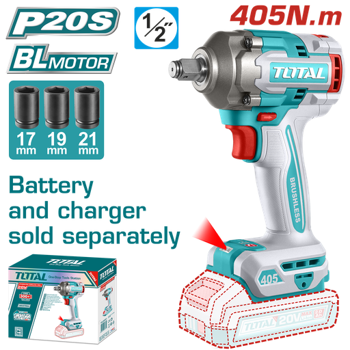 [23138] PISTOLA IMPACTO INALAMBRICA 1/2 20V 405 NM INCLUYE 3 COPAS 17,19,21,  BATERIA Y CARGADOR SE VENDEN POR SEPARADO  INDUSTRIAL SUPER TOTAL (TIWLI20451)