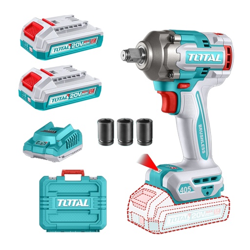 [23132] PISTOLA IMPACTO INALAMBRICA 1/2" 20V 405 NM INCLUYE  3 COPAS 17,19,21, 2 BATERIAS 1 CARGADOR INDUSTRIAL SUPER TOTAL (UTIWLI2045)