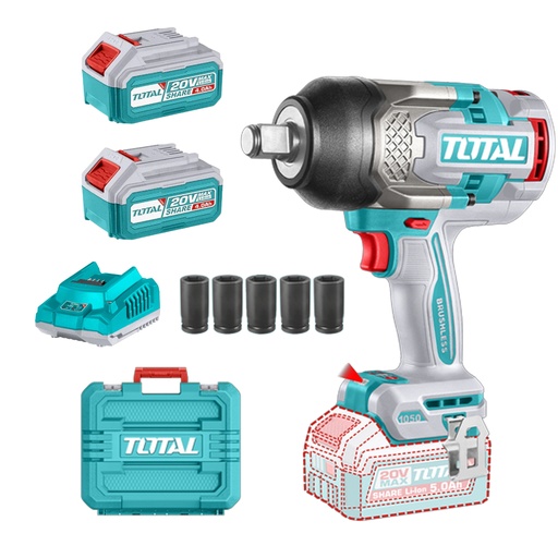 [22969] PISTOLA IMPACTO INALAMBRICA 3/4 20V 1050 NM INCLUYE 2 BATERIAS 5.0AH + CARGADOR Y  5 COPAS 24,27,30,32,33 MM,  INDUSTRIAL SUPER TOTAL (UTIWLI20105)