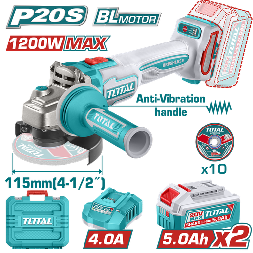 [23209] PULIDORA INALAMBRICA 4 1/2 INDUSTRIAL 20V 1000W INCLUYE 10 DISCOS PARA CORTE DE METAL 2  BATERIAS 4.0 AH Y CARGADOR , MOTOR SIN ESCOBILLAS  INDUSTRIAL SUPER TOTAL (UTAGLI2120252)