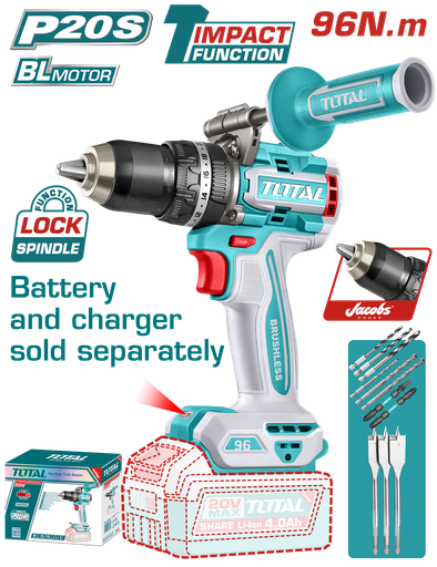 [23016] TALADRO DE IMPACTO INALAMBRICO 1/2 96 N.M 20V INCLUYE MANGO AUXILIAR Y 11 ACCESORIOS, BATERIA  CARGADOR SE VENDE POR SEPARADO, INDUSTRIAL SUPER  TOTAL (TIDLI209685)
