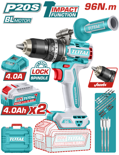 [23047] TALADRO INALAMBRICO  PERCUTOR 1/2 20V 96 N.M INCLUYE 2 BATERIA DE 4.0AH, CARGADOR, INCLUYE ACCESORIOS  INDUSTRIAL SUPER TOTAL (UTIDLI209686)