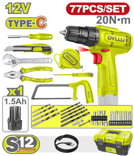 [22699] TALADRO INALAMBRICO 3/8 (10MM)  12V + KIT DE HERRAMIENTAS 77 PZS DYLLU (DTDT4B77)