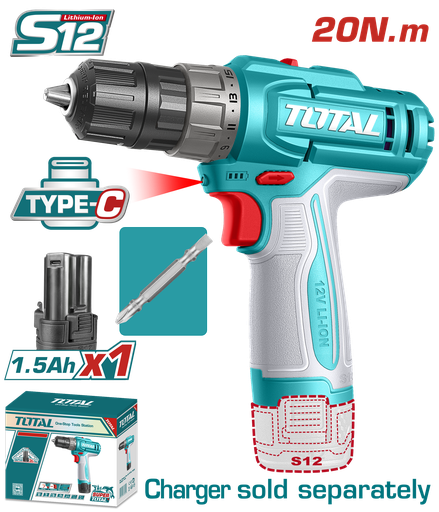 [22942] TALADRO INALAMBRICO 3/8 (10MM) 20NM 12V INCLUYE 1 BATERIA DE 1.5AH CARGADOR TIPO-C NO INCLUIDO SUPER TOTAL (TDLI122061)