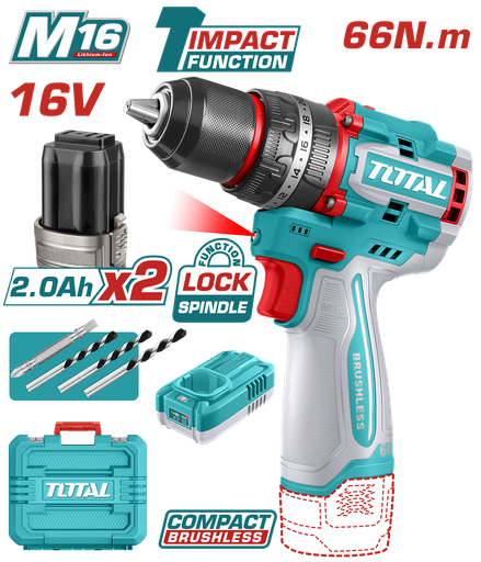 [23022] TALADRO INALAMBRICO PERCUTOR 1/2 16V 66NM INCLUYE 2 BATERIAS 2,0AH, CARGADOR Y ACCESORIOS  INDUSTRIAL SUPER TOTAL (UTIDLI166062)