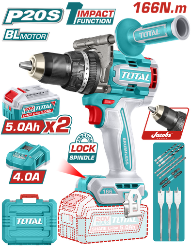 [22990] TALADRO INALAMBRICO PERCUTOR 1/2" 166 NM 20V CAJA PLASTICA INCLUYE 2 BATERIAS 20V 5AH, 1 CARGADOR Y ACCESORIOS INDUSTRIAL SUPER TOTAL (UTIDLI201668)