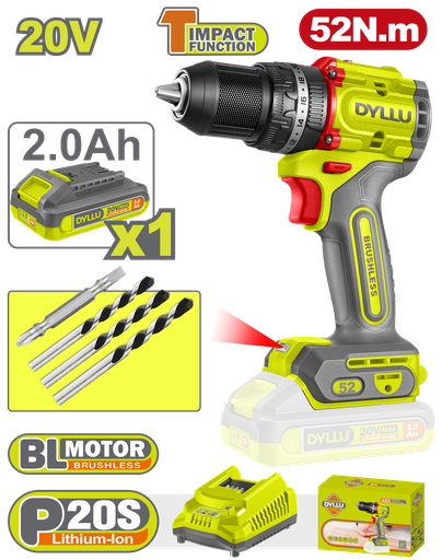 [22679] TALADRO INALAMBRICO PERCUTOR 1/2" 52 NM 20V CAJA CARTON INCLUYE 1 BATERIAS 20V (2.0AH), 1 CARGADOR Y ACCESORIOS DYLLU (UDTCDP5282)