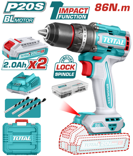[23190] TALADRO INALAMBRICO PERCUTOR 1/2" 86 NM 20V CAJA PLASTICA INCLUYE 2  BATERIA 2.0AH, 1 CARGADOR Y ACCESORIOS INDUSTRIAL SUPER TOTAL (UTIDLI208687)