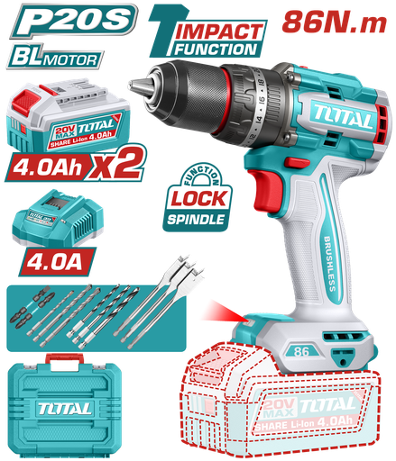 [23191] TALADRO INALAMBRICO PERCUTOR 1/2" 86 NM 20V CAJA PLASTICA INCLUYE 2  BATERIA 4.0AH, 1 CARGADOR Y ACCESORIOS INDUSTRIAL SUPER TOTAL (UTIDLI208682)