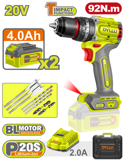[22689] TALADRO INALAMBRICO PERCUTOR 1/2" 92 NM 20V CAJA PLASTICA INCLUYE 2 BATERIAS 20V (4.0AH), 1 CARGADOR Y ACCESORIOS DYLLU (UDTCDP9281)