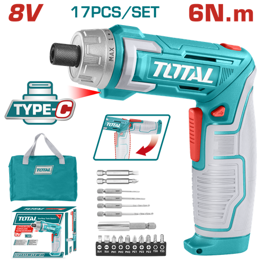 [20383] ATORNILLADOR INALAMBRICO 8V ESTUCHE PLASTICO + 17 PIEZAS  TOTAL (TSDLI0802)