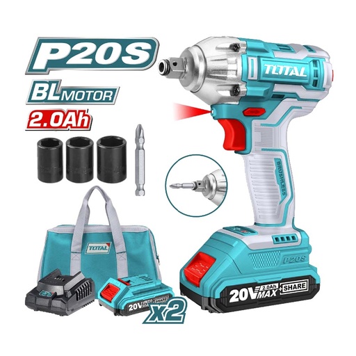 [16769] ATORNILLADOR Y LLAVE DE IMPACTO 20V INCLUYE 2 BATERIAS 1 CARGADOR COPAS DE 171921 Y PUNTA DESTORNILLADOR TOTAL(UTIWLI20208)