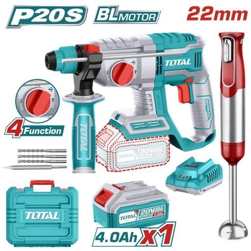 [20381] COMBO DE TALADRO ROTOMARTILLO INALAMBRICO SDS PLUS  20V INCLUYE 1 BATERIA, 1 CARGADOR,3 BROCAS 1 CINCEL TOTAL  Y BATIDORA DE MANO DECAKILA (UTOS