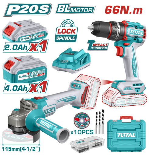[21006] COMBO INALAMBRICO  TALADRO 1/2" 20V 66NM + PULIDORA 4 1/2" INCLUYE 1 BATERIA 20V(2.0AH), 1 BATERIA 20V(4.0AH),CARGADOR 20V, 10 DISCOS DE CORTE 