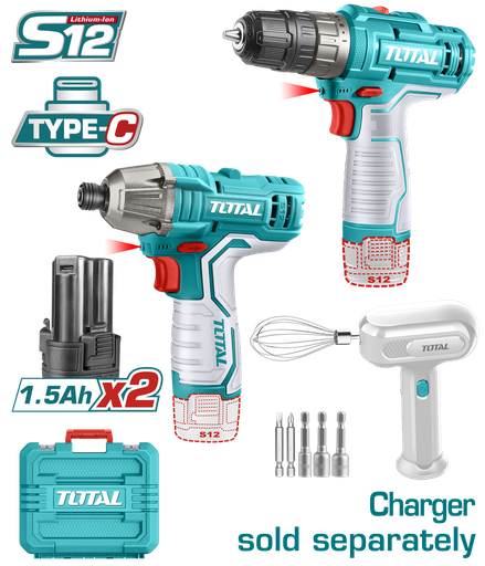[20756] COMBO INALAMBRICO ATORNILLADOR DE IMPACTO  + TALADRO 3/8"  INCLUYE 6 ACCESORIOS  + DOS BATERIAS 1.5AH + BATIDORA NO INCLUYE CARGADOR