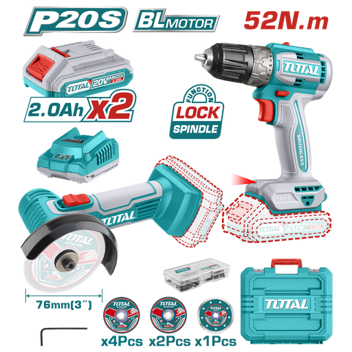 [21044] COMBO INALAMBRICO TALADRO 1/32,3/8" 20V 52N.M + MINI PULIDORA 3", INCLUYE 2 BATERIAS 2,0AH, 1 CARGADOR 20V 7 DISCOS Y 47 ACCESORIOS INDUSTRIAL )