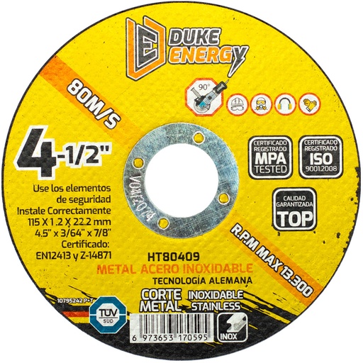 [12122] DISCO 4 1/2" CORTE METAL ACERO INOX 2 EN 1 DUKE ENERGY TECNOLOGIA ALEMANA (HT80409)
