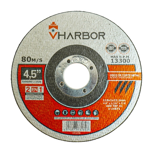 [19786] DISCO 4 1/2" CORTE METAL ACERO INOX VHARBOR(115X1X22.2MM) (HT2228) 