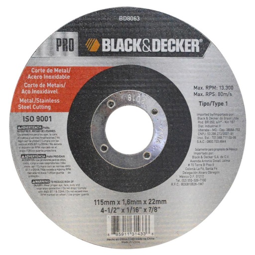 [8659] DISCO BLACK & DECKER CORTE METAL/ACERO INOX 4 1/2 PLANO (BD8063) 1/16 X 7/8