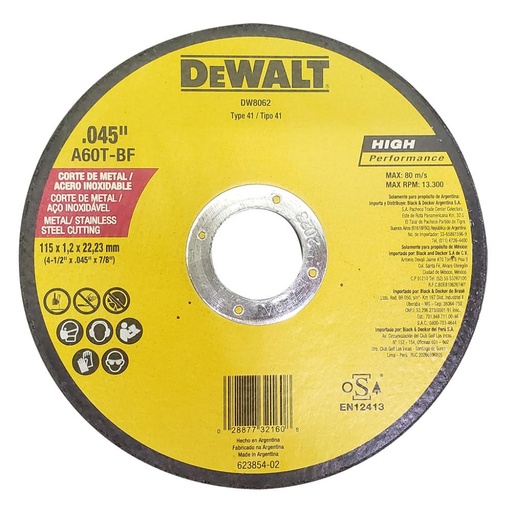 [4708A] DISCO DEWALT CORTE METAL/ACERO INOX 4/12 PLANO AMARILLO ARGENTINO (DW8062:C)