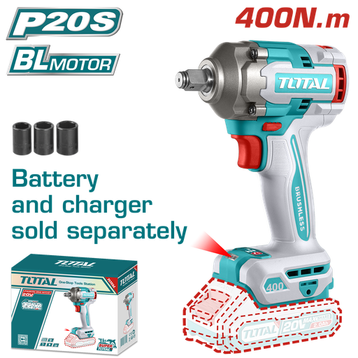 [20953] PISTOLA IMPACTO INALAMBRICA 1/2 20V 400NM INDUSTRIAL SUPER TOTAL INCLUYE 3 COPAS 17,19,21 MM, NO INCLUYE CARGADOR Y BATERIA