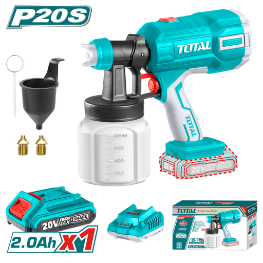 [20553] PISTOLA PINTAR INALAMBRICA 800ML 20V INCLUYE BATERIA 20V, CARGADOR, AGUJA DE LIMPIEZA Y DOS BOQUILLAS, TOTAL (UTSGLI20406)