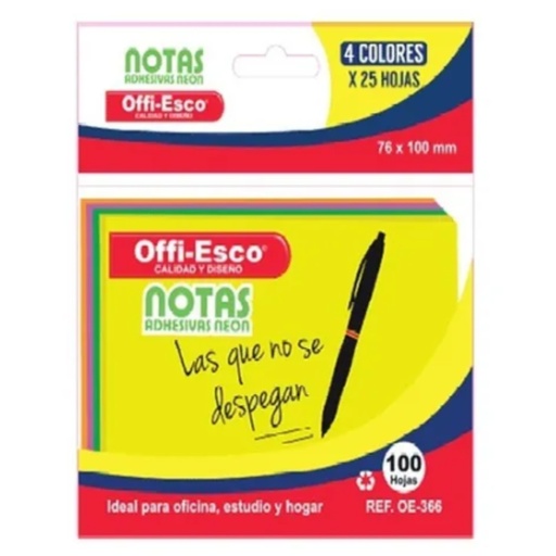 [PAOE360] POST IT NEON MEDIANO OFFI-ESCO X 100H COLORES SURTIDOS (OE360)