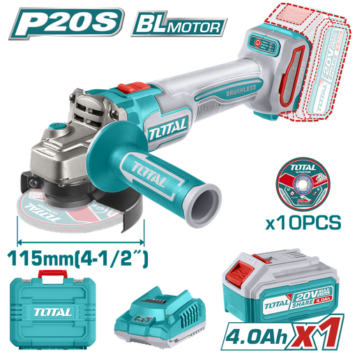 [20380] PULIDORA INALAMBRICA 20V INCLUYE 10 DISCOS PARA CORTE DE METAL BATERIA Y CARGADOR INDUSTRIAL TOTAL (UTAGLI211541)