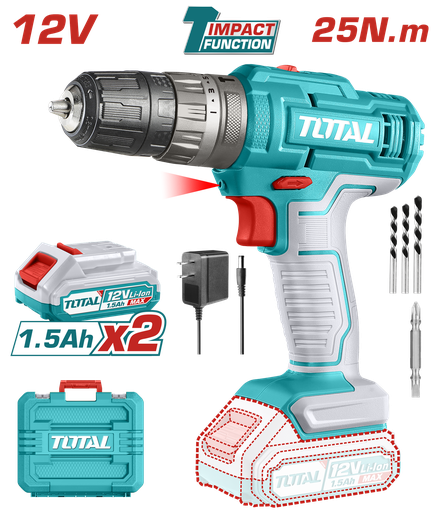 [20850] TALADRO DE IMPACTO INALAMBRICO  3/8" 12V INCLUYE 2 BATERIAS, 1 CARGADOR, 3 BROCAS Y  1 PUNTA TALADRO (+)(-) SUPER TOTAL (UTIDLI1228)