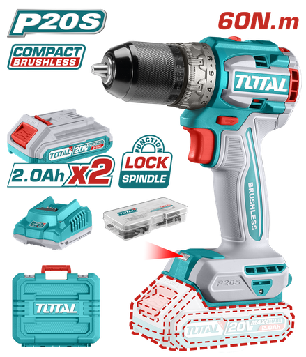 [20001] TALADRO DE IMPACTO INALAMBRICO 1/2 20V INCLUYE 2 BATERIA DE 2.0AH, CARGADOR,47 ACCESORIOS,3 BROCAS CONCRETO TOTAL (UTIDLI20602)