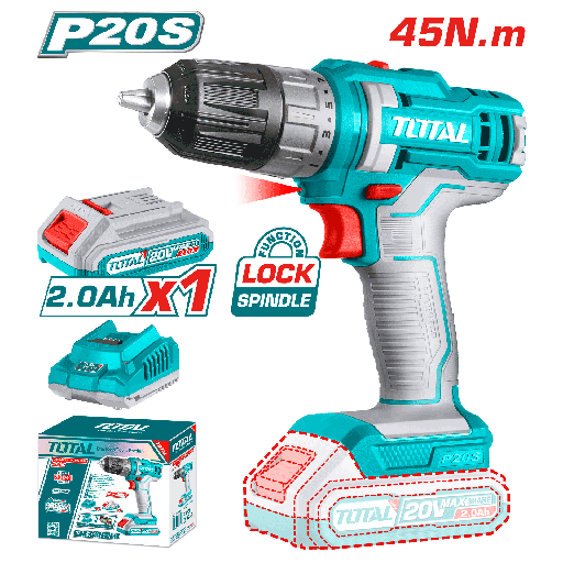 [18734] TALADRO INALAMBRICO 1/32/3/8" 20V INCLUYE 1 BATERIA 2.0Ah Y 1CARGADOR INDUSTRIAL TOTAL(UTDLI200518)