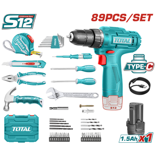 [20004] TALADRO INALAMBRICO 12V EN KIT DE HERRAMIENTAS 89 PZS TOTAL (THKTHP10892)