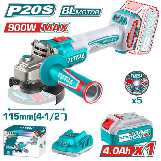 [22010] PULIDORA INALAMBRICA 4 1/2 INDUSTRIAL 20 V 900W INCLUYE BATERIA 4.0 AH, CARGADOR Y 5 DISCOS, MOTOR SIN ESCOBILLAS INDUSTRIAL SUPER TOTAL (UTAGLI261521)